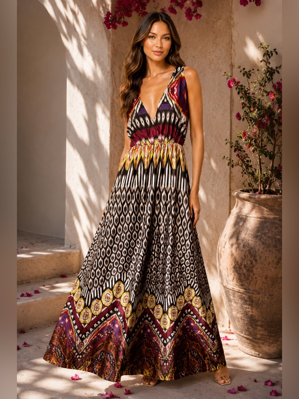 NWOT- Paul KC Open back ring detail  Ikat Maxi Dress in Burgundy & Black Size L